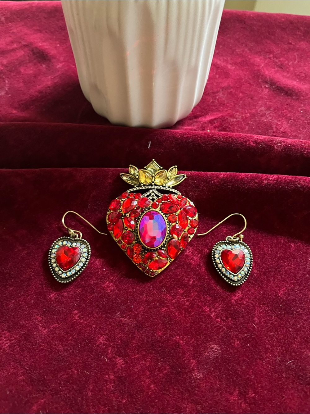 Red Heart Crystal Pendant and Earrings Set - Gold Tone